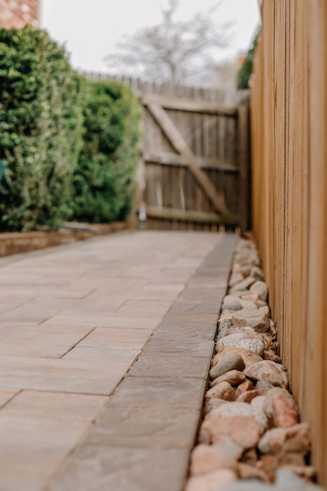Verhard tuinpad naast een houten afsluiting met groen