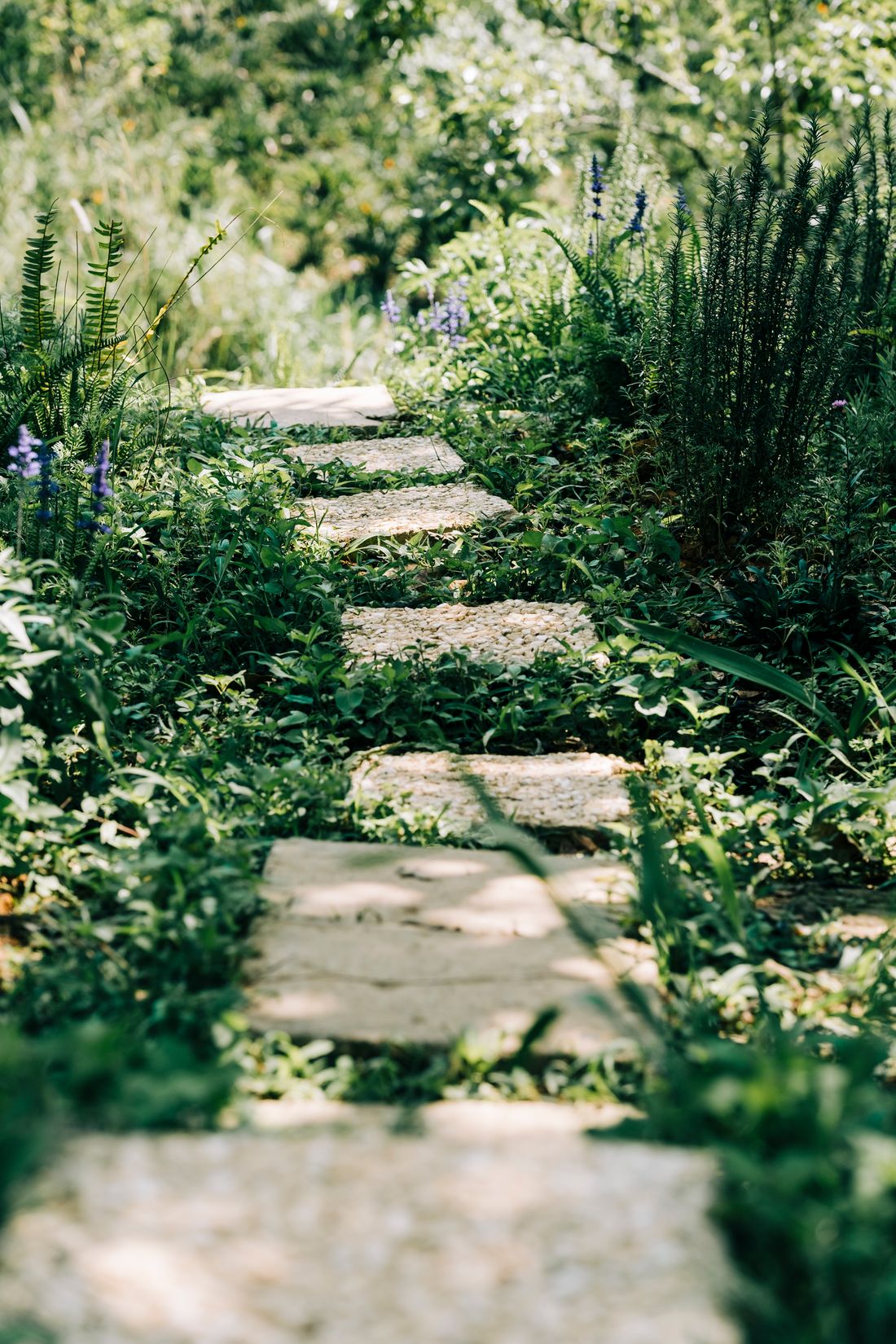 Wandelpad in natuursteen door de tuin